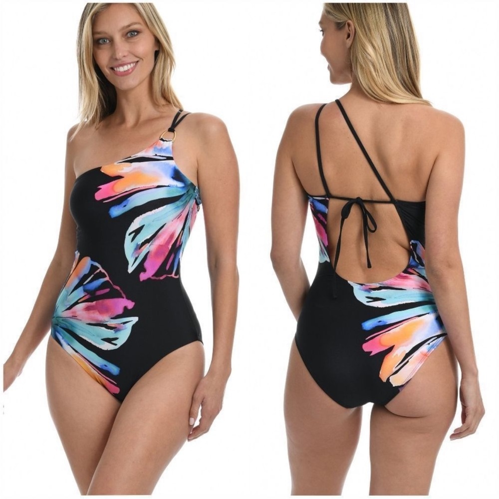 La Blanca Swimsuit Prism Palms Tropical one shoulder one piece Size 14 $130 NWT